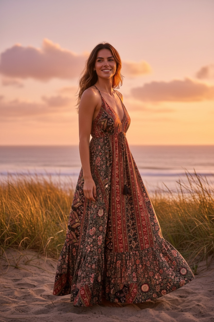 Vestido Boho Estampado 100% Seda
