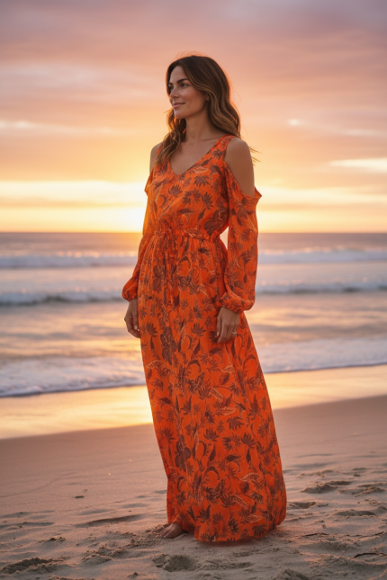 Vestido Laura na Cor Laranja Estampado